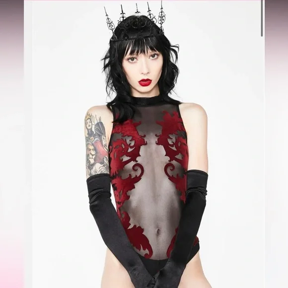 Velvet enchantress bodysuit red burn out rave festival one piece onesie lingerie - Picture 3 of 8
